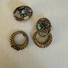 VTG Jeff Lieb 80s Gold-Tone Earrings, Abalone & Stone Accents, 2-Way Wear  USA