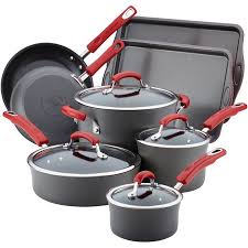 Rachael Ray 12 Piece Hard Anolon Nonstick Pots And Pans Set Cookware Gray With Red Handles Walmart Com Pots And Pans Sets Hard Anodized Cookware Cookware Set