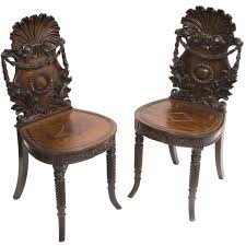 Pair Irish 19thc Highly Carved Mahogany Hall Chairs With Shell Backs C1850 Hall Chair Chair Antique Chairs