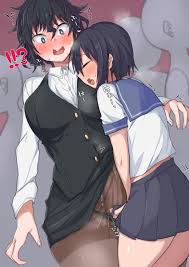 takeura, original, highres, 2futa, accidental erection, black hair, blush,  breasts, bulge, censored, closed eyes, embarrassed, erection, erection  under clothes, futanari, large breasts, multiple futa, pantyhose, penis,  public indecency, short hair ...