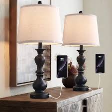 Or, in a contemporary living room, pair modern table lamps with a floor lamp of the same aesthetic. Farmhouse Table Lamp Set Of 2 26 Rustic Bedside Nightlight Lamp With 2 Usb Ports Vintage Bedside Lamp For Bedroom Living Room Study Office Pack Of 2 Black Base Beige Shade Amazon Com
