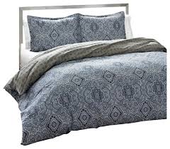 Navy blue is a highly sophisticated color that would fit a bedroom? King 3 Piece Cotton Comforter Set With Blue Grey Damask Pattern Mediterranean Comforters And Comforter Sets By Hilton Furnitures Houzz