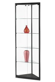 Includes a corner design, 5 glass shelves, mirrored back, glass doors, light, and solid northern hardwood construction. Corner Glass Display Cabinet Showcase Display Black Extra Glass Shelf Corner Cabinet 500 Optional Additional Led Side Lights Optional Additional Led Strips Optional Wooden Backpanel Optional Mirror Backpanel Optional