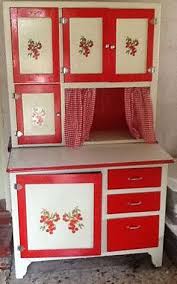 Love The Decals And The Curtain Is Great For A The Missing Roll Down Part Vintage Kitchen Cabinets Vintage Kitchen Hoosier Cabinet