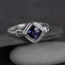 Iolite Ring Diamond Shape Halo Ring Three Stone Ring With Iolite White Sapphire And Recycled Ste Iolite Jewelry Three Stone Rings White Topaz Rings