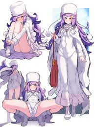 zerobarto, anastasia hoshin, re:zero kara hajimeru isekai seikatsu,  absurdres, highres, ass, blue eyes, blush, breasts, covered navel, dress,  full body, hat, legs, long hair, looking at viewer, multiple views, purple  hair, simple