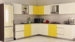 L Shaped Modular Kitchen White Yellow Cabinet Island Double Door Refrigerator Green Mixer Single F Kitchen Design Small Kitchen Modular Interior Design Kitchen