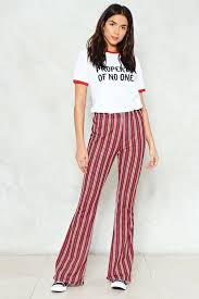 Black And White Striped Flare Pants Outfit Summer Fashion White Print T Shirt Red Striped Palazzo Pants Stripe Pants Outfit Striped Flare Pants Flowy Pants Outfit