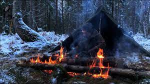 Solo Winter Bushcraft Camp No Sleeping Bag Long Log Fire Snow Canvas Lavvu Campfire Cooking Youtube