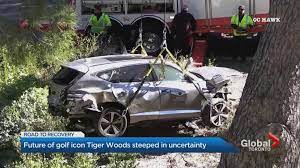 The car tiger woods was driving being towed from the scene of the accident in rolling hills estates, calif. Tiger Woods Was Driving Almost Twice The Speed Limit Before Car Crash L A Sheriff Says National Globalnews Ca