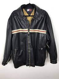Vintage 90s Mens Tommy Hilfiger Leather Jacket Motorcycle Black Red White Size M Tommyhilfi Leather Jacket Vintage Tommy Hilfiger Jackets Pocket Bomber Jacket