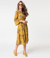 Mustard Yellow Floral Three Quarter Sleeve Flounce Midi Dress Stil