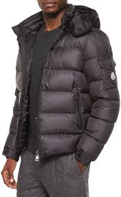 Neiman Marcus Moncler Himalaya Hooded Down Jacket Black Leather Sleeve Jacket Hooded Jacket Men Jackets