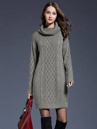 Vinfemass High Neck Long Jumper Sweater Dress Women Knitted Winter Dress Cable Knit Sweater Dress