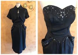 Vintage Amazing 1940s 1950s Black Embroidered Wiggle Hourglass Cocktail Dress Backless Dress Formal Dresses