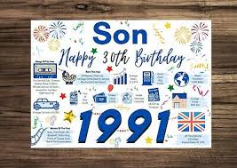 Funny 30th birthday card boy male son daughter humorous thirty thirtieth cheeky. Son Happy 30th Birthday Card 1991 Year Of Birth Facts Greetings Memories Blue Ebay