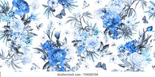 Vector floral watercolor texture pattern with blue flowers.watercolor floral pattern.blue flowers pattern.seamless pattern can be used for wallpaper,pattern fills,web page background,surface textures. Seamless Pattern Flowers Exotic Leaves On Stock Illustration 759020704