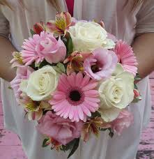 Beautiful Mixed Bouquet With Gerbera Daisies Lisianthus Roses And Alstroemeria Wedding Bouquets Bridal Bouquet Wedding