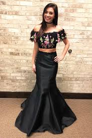 Mermaid Two Piece Embroideried Black Long Prom Dress With Off The Shoulder Long Black Evening Dress Dresses For Teens Dance Black Mermaid Prom Dress