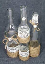 Set 3 Decorated Wine Bottle Centerpiece Rustic Chic Ivory Silver Jute Twine Jute Wrapped B Wine Bottle Centerpieces Bottle Centerpieces Bottles Decoration