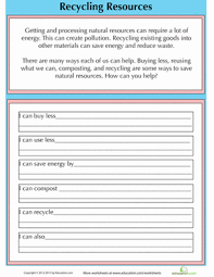 Kindergarten learning games and activities. List Ways To Conserve Natural Resources Worksheet Education Com