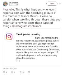 The alleged murder of bianca devins has shocked the online community. Instagram Disables Hashtags On Picture Of Murdered Bianca Devins Body Daily Mail Online