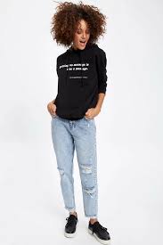 Siyah Kadin Kapusonlu Slogan Baskili Relax Fit Sweatshirt 965480 Defacto Workout Sweatshirt Relaxed Fit Sweatshirts