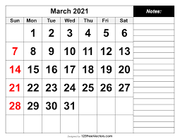 Free Download Calendar for March 2021 with Notes Section