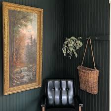 Dark Moody Beadboard Walls Shaker Peg Rail And Vintage Painting Dark Green Paneling Sherwin Williams J Porch Colors Dark Gray Paint Colors Bead Board Walls