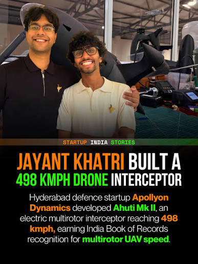 India's drone defence game just got faster. Hyderabad-based Apollyon Dynamics has developed Ahuti Mk II, an electric multirotor drone interceptor that reached a certified 498 kmph. The platform was built specifically to