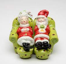 In fantastic condition with minimal paint loss and crazing and no chips or cracks; Mr Mrs Claus Resting On The Sofa Salt And Pepper Shakers Set Of 4 Tableware Appletree Design