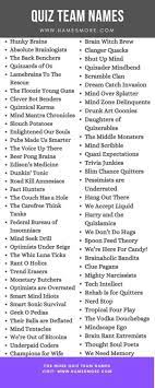 How about a team name based on a movie, a television show, a gaming system, a popular movie franchise, an author, a comedian, a song, a comedian's bits, a song lyric, a song's title, a quote, a famous person, a famous book, a famous place etc. Quiz Team Names 2021 Best Funny Clever Creative