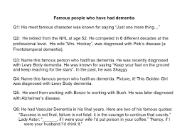 In honor of world alzheimer's day, here are answers to common questions about alzheimer's. Alzheimer Society Southwest Partners Twitterren Here Is Some Trivia Around Famous People Who Have Had Dementia Can You Answer All These Questions Share Your Answers In The Comments Below Https T Co Hf2gqzgf9n Twitter