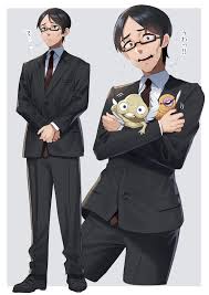 akagi kurage, ijichi kiyotaka, jujutsu kaisen, black neckwear, absurdres,  highres, 1boy, black-framed eyewear, black eyes, black hair, black pants,  black suit, crossed arms, formal clothes, glasses, grey background,  holding, multiple views, necktie,