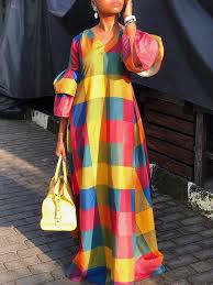 Colorful Grid Lantern Sleeve Maxi Dress Spring Dresses Casual Maxi Dress African Maxi Dresses