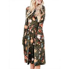 Boho Style Floral Print Cinched Waist Long Sleeves Midi Dress Print Dress Spring Women Long Sleeve Pleated Shirt Dress