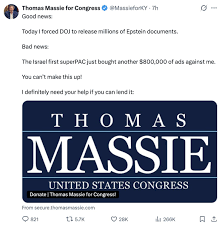 Rep. Thomas Massie says a pro-Israel SuperPAC spent nearly $1 million on attack ads targeting him. He’s the one who introduced the bill that led to the release of the Epstein files. Chilling. Source: @MassieforKY