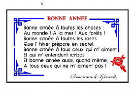 Poesie De La Nouvelle Annee Refrain je vous souhaite à tous une bonne année oh oh é oh é oh remplie d'amour et une bonne santé oh on n'est en vacances pour faire la fête et on entend crier « bonne fête et bonne année !