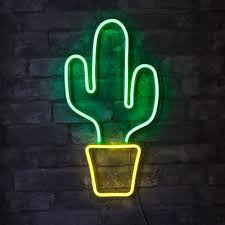 Isaac Jacobs 19 X 10 Inch Led Neon Green Cactus With Yellow Planter Wall Sign For Cool Light Wall Art Bedroom Decorations Home Accessories Party And Holiday Decor Powered By Usb Wire