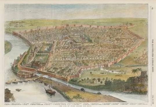 Set of two prints with panoramic views of Delhi a) Anonymous The city and environs of Delhi - sketched by an officer of the Bengal Artillery 1857 Later hand-coloured woodcut engraving on