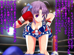 akabeko207, translated, translation request, 1girl, arena, boxing, boxing  gloves, boxing ring, breasts, cleavage, femdom, hair ribbon, looking at  viewer, medium breasts, pov, purple eyes, purple hair, ribbon, shorts,  smile, tank top, text