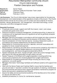 Position overview, education, skills and a list of common job duties and responsibilities. Resurrection Metropolitan Community Church Church Administrator Position Description And Purpose Pdf Free Download