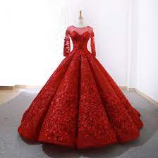 Guter service · geschneidert · großer rabatt · schneller versand Atemberaubend Rot Durchsichtige Brautkleider Hochzeitskleider 2019 Ballkleid Rundhalsausschnitt Lange Armel Ruckenfreies Applikationen Spitze Hof Schleppe Ruschen