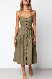 Depway Spaghetti Strap Sleeveless Single Breasted Pink Cotton Blend Mid Calf Dress Boho Midi Dress Mid Calf Dresses Fashion