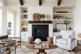 Asymmetrical living room design with fireplace. Vertical Shiplap Fireplace Wall With Chunky Stained Oak Mantel Cottage Living Room