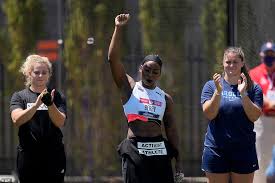 Gwen berry, 3rd in hammer at trials, turns from flag during anthem. Fk4bofecajdjam