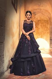 Amazing western hair style for gown style. Navy Organza Indo Western Gown Mongas