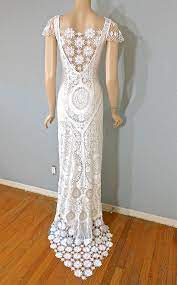 White Lace Wedding Dress Boho Crochet Hippie Wedding Dress Train M Crochet Wedding Dress Pattern Boho Wedding Dress Lace Wedding Dresses Lace