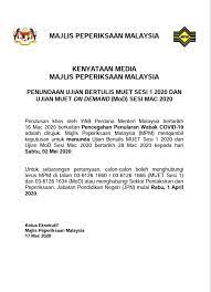 Majlis peperiksaan malaysia (mpm) telah memperkenalkan ujian muet on demand (mod) bermula tahun 2018 dalam membantu pelajar dalam memenuhi cara daftar muet sesi 3 november 2021 secara online. Kpm On Twitter Kenyataan Media Majlis Peperiksaan Malaysia Penundaan Ujian Bertulis Muet Sesi 1 2020 Dan Ujian Muet On Demand Mod Sesi Mac 2020 Https T Co Kld6lywuig