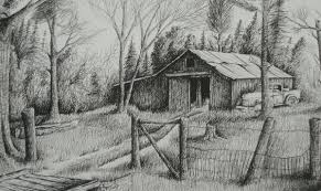 Drawing in pen and ink with colored pencils from a reference photo by cathy. Pencil Drawings Of Old Wooden Fence Barn Drawing Landscape Drawings Landscape Pencil Drawings